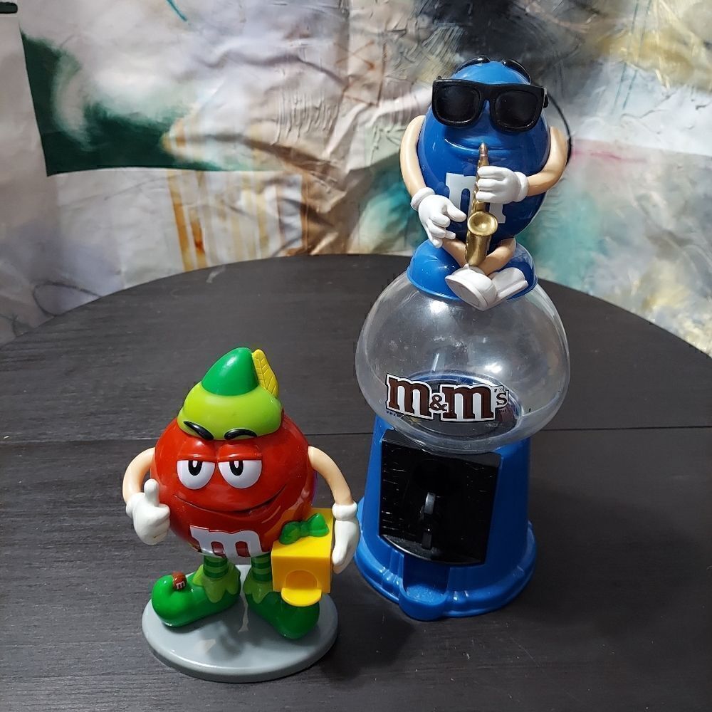 Set of 2 M&M's Blue Sax Player Candy Coin Bank Plastic Dispenser 12".  M&M Candy